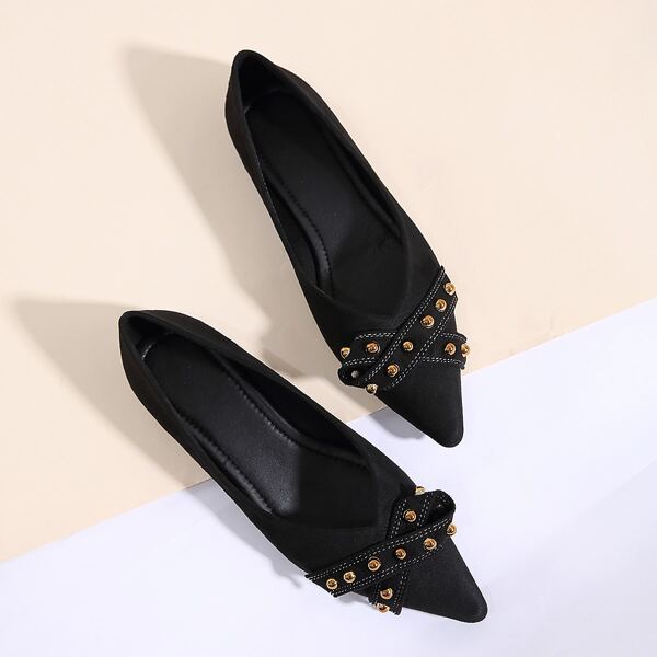 

Point Toe Studded Decor Ballet Flats, Black