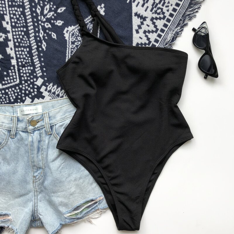 

Rib One Shoulder One Piece Swimsuit, Black
