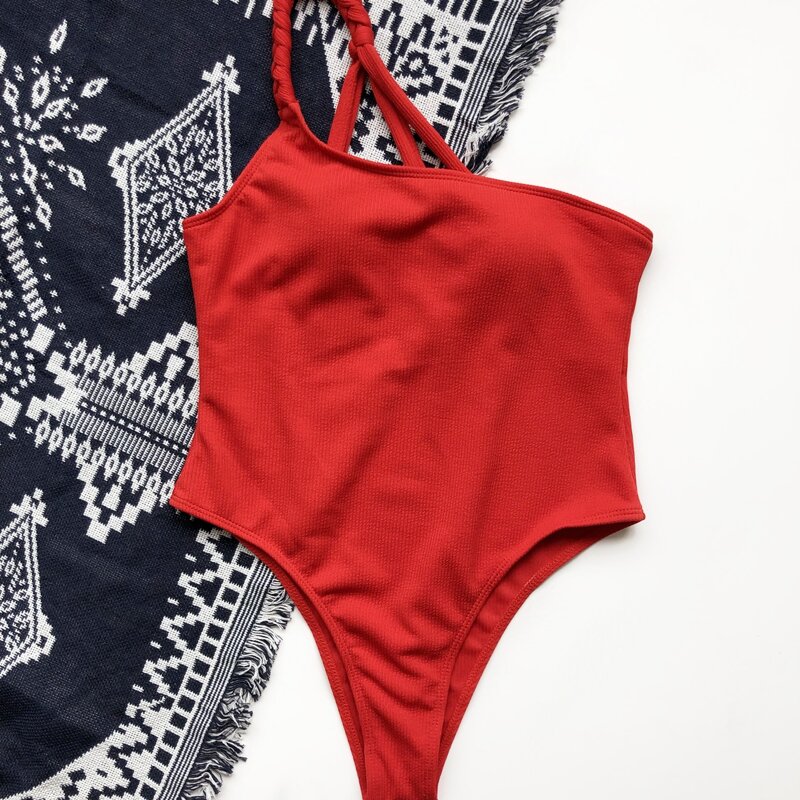 

Rib One Shoulder One Piece Swimsuit, Red