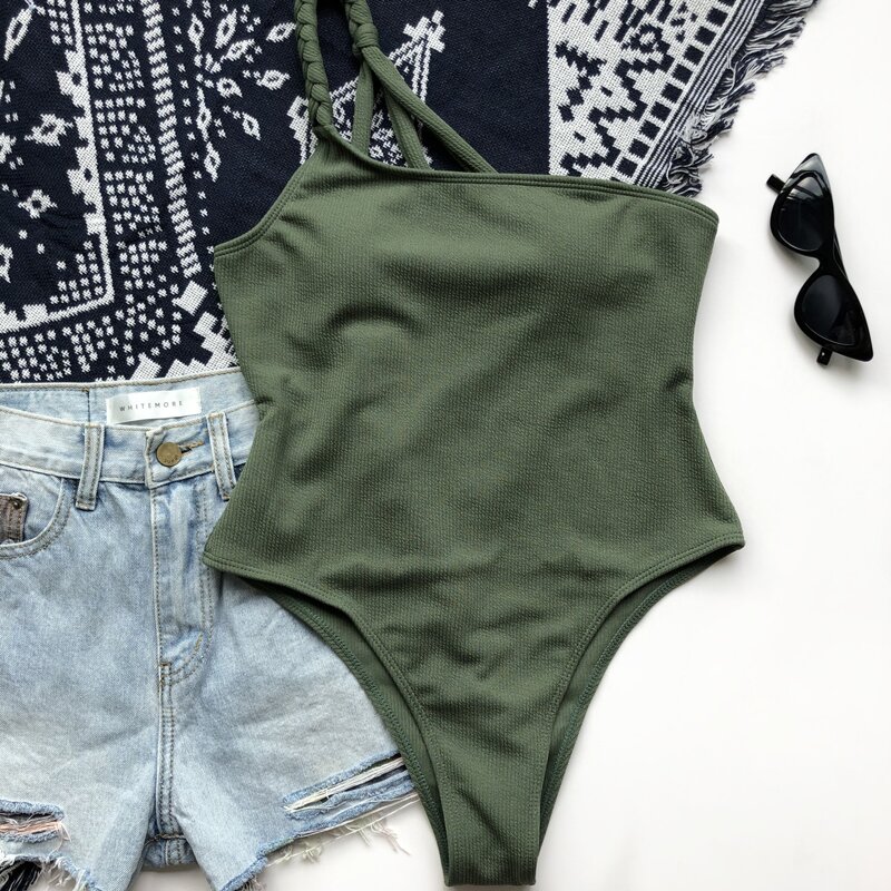 

Rib One Shoulder One Piece Swimsuit, Army green