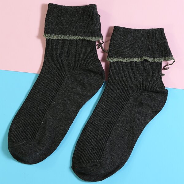 Cuffed Frill Trim Socks, Black