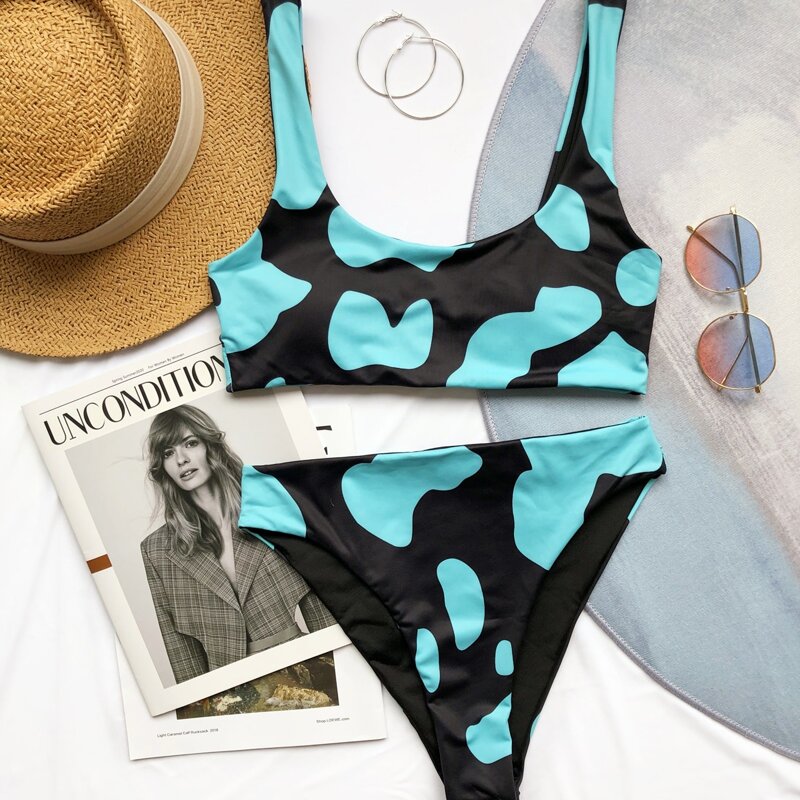 

Graphic Print High Waisted Bikini Swimsuit, Multicolor