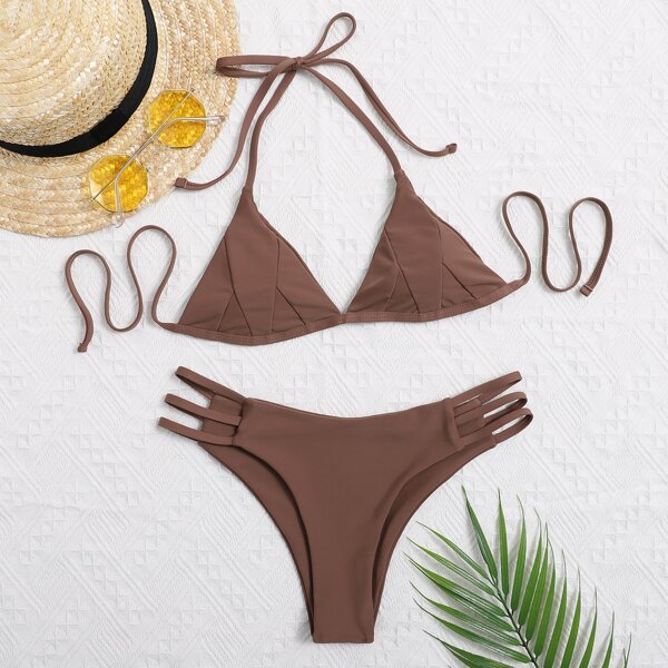 

Ladder Cut-out Halter Triangle Bikini Swimsuit, Coffee brown