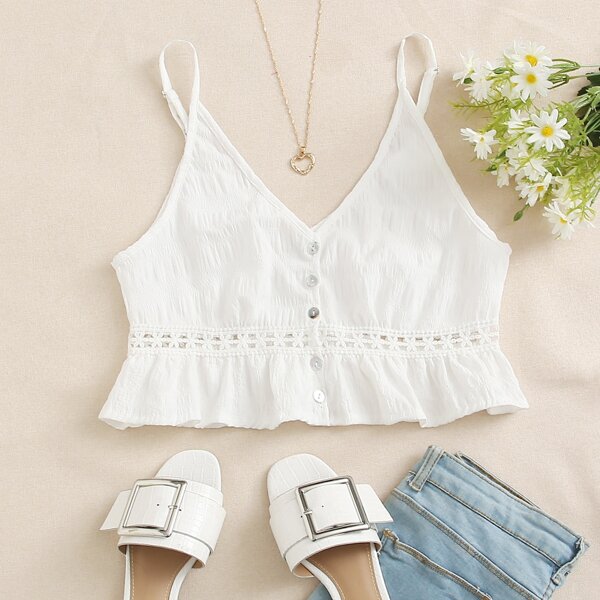 

Ruffle Hem Lace Insert Cami Top, White