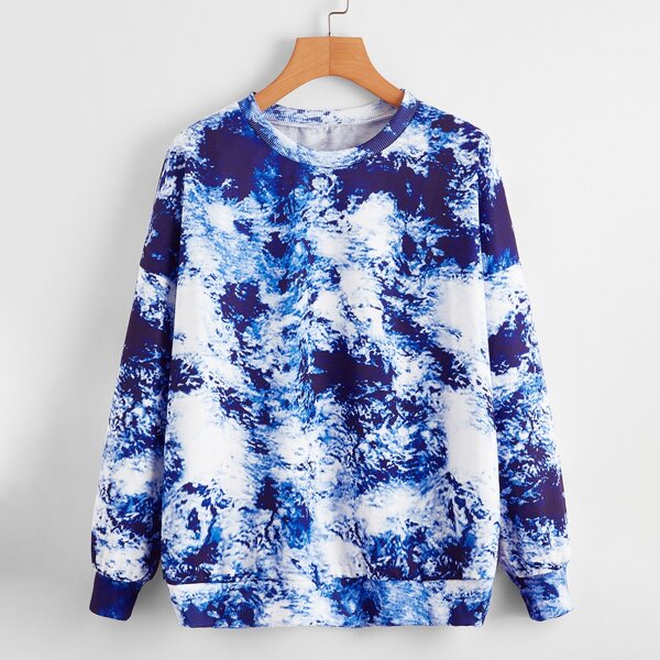 

Drop Shoulder Tie Dye Sweatshirt, Blue and white