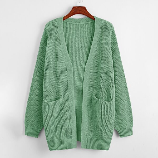 

Ribbed Knit Drop Shoulder Dual Pockets Cardigan, Green