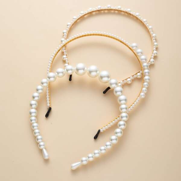 

3pcs Faux Pearl Decor Hair Hoop, White