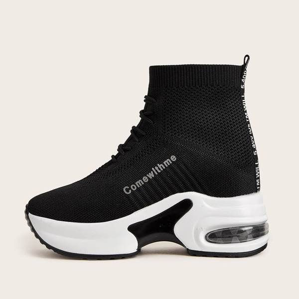 

Letter Graphic Knit Chunky Slip On Sneakers, Black