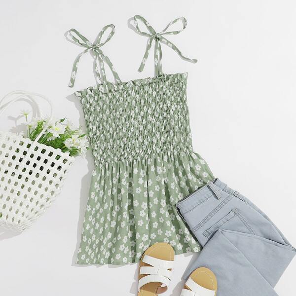 

Floral Print Tie Shoulder Shirred Cami Top, Mint green
