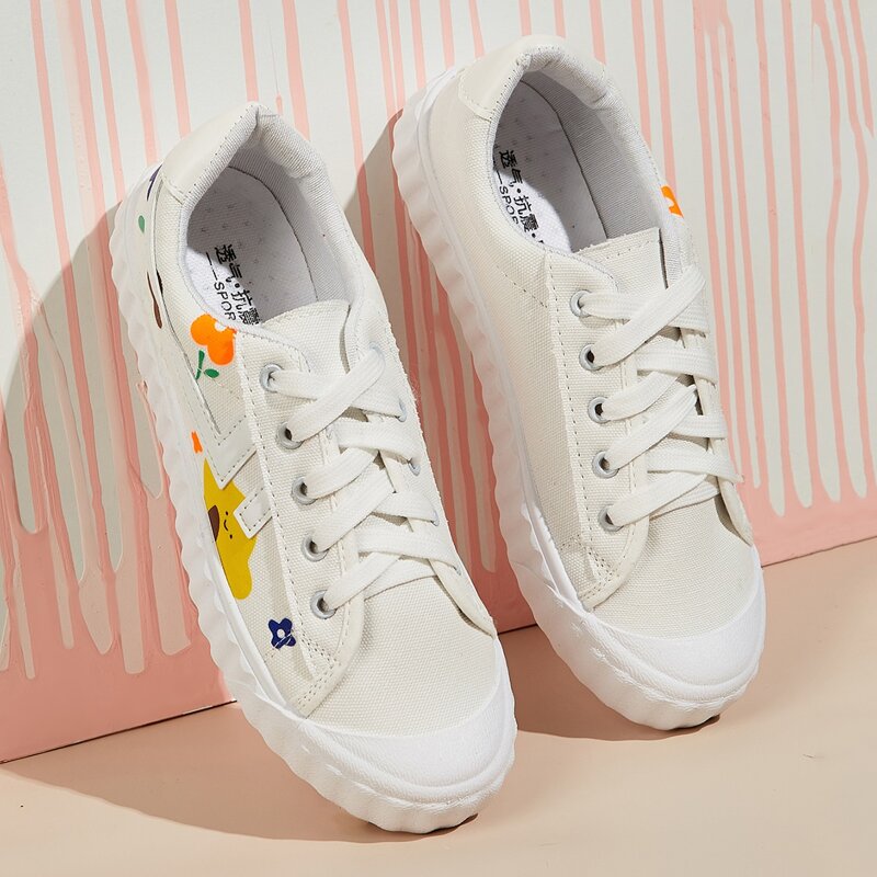 

Cartoon Lace-up Canvas Sneakers, White