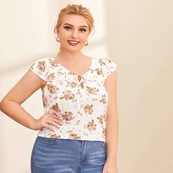 

Plus Floral Print Tie Neck Blouse, White