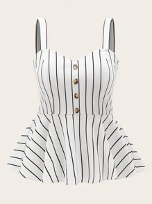 SHEIN Privé Plus Button Front Striped Peplum Cami Top - White - View 1