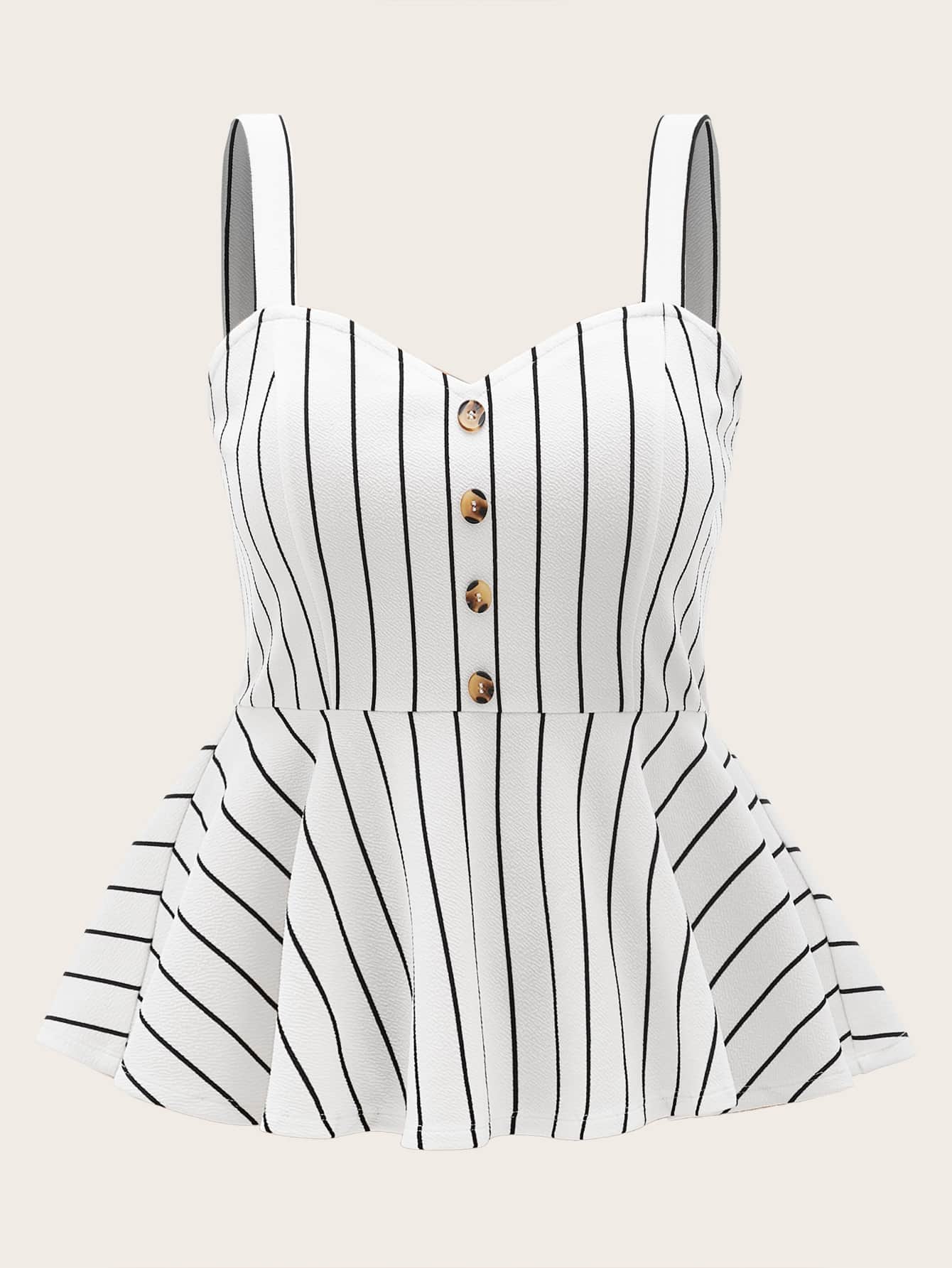 SHEIN Privé Plus Button Front Striped Peplum Cami Top - White - View 1