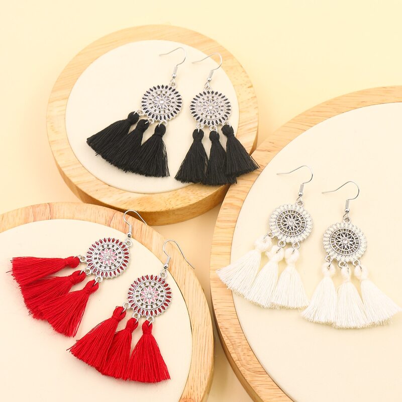 

3pairs Round Tassel Drop Earrings, Multicolor