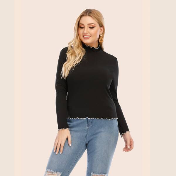 

Plus Mock Neck Lettuce Trim Tee, Black