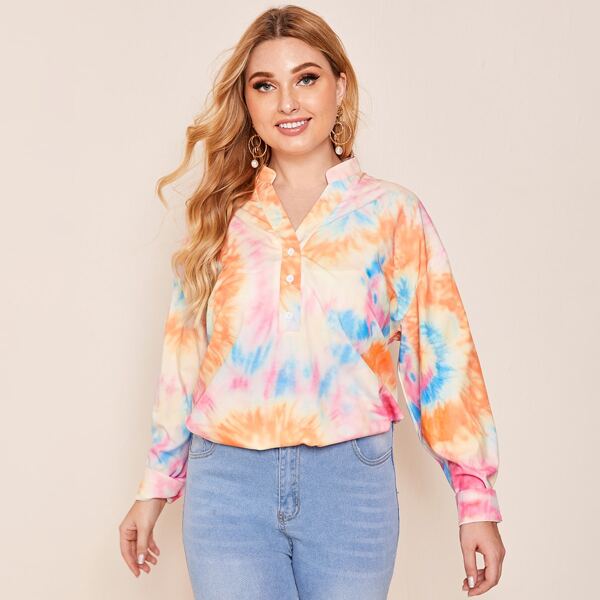 

Plus Notched Neck Tie Dye Blouse, Multicolor