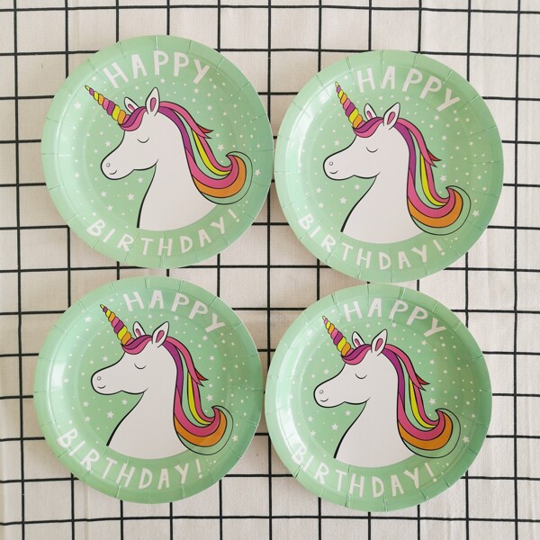

8pcs Unicorn Print Disposable Plate, Mint green