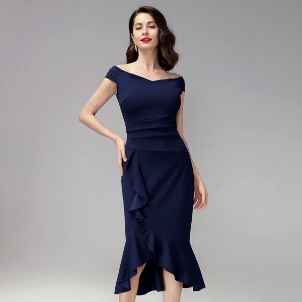 

Off Shoulder Ruffle Trim Wrap Dress, Navy blue