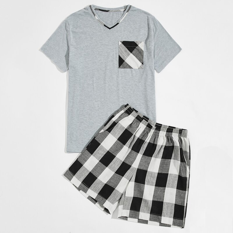 

Guys Pocket Front V-neck Tee & Buffalo Plaid Shorts PJ Set, Multicolor