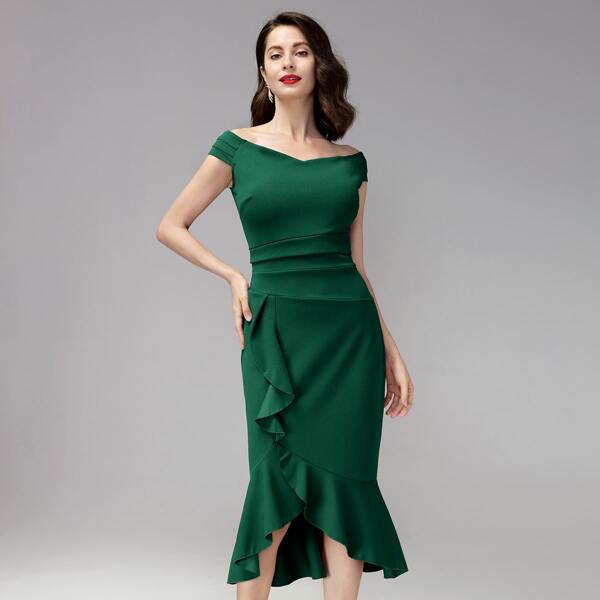 

Off Shoulder Ruffle Trim Wrap Dress, Green