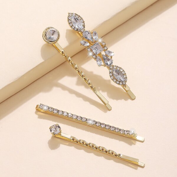 

4pcs Rhinestone Decor Bobby Pin, Gold
