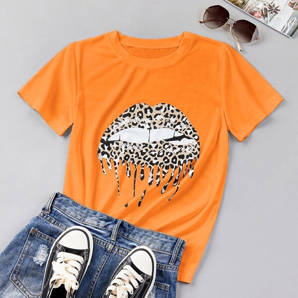 

Leopard Mouth Print Short Sleeve Tee, Orange neon