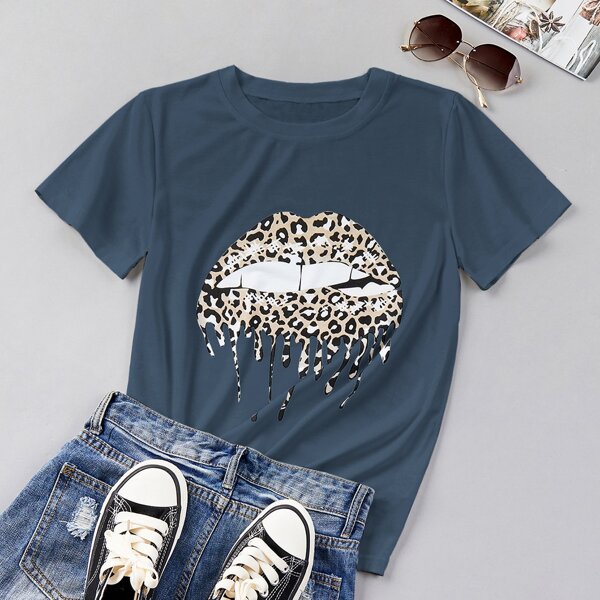 

Leopard Mouth Print Short Sleeve Tee, Dusty blue