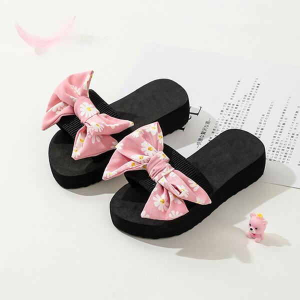

Girls Bow Decor Floral Graphic Slides, Pink