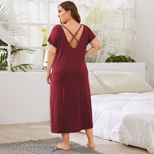 

Plus Crisscross Back Batwing Sleeve Nightdress, Burgundy