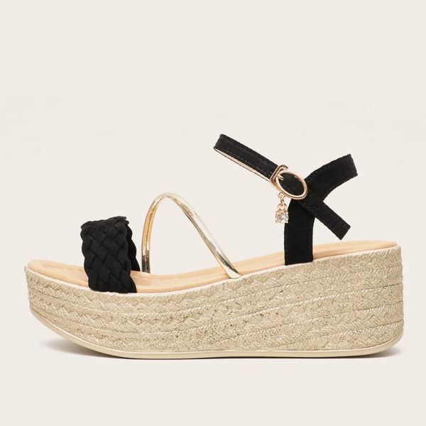 

Braided Strap Ankle Strap Platform Wedges, Black