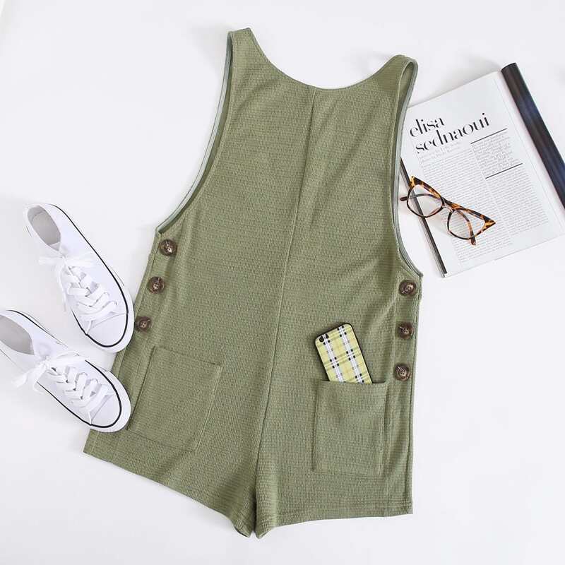 

V-Back Buttoned Side Pocket Front Sleeveless Romper, Army green