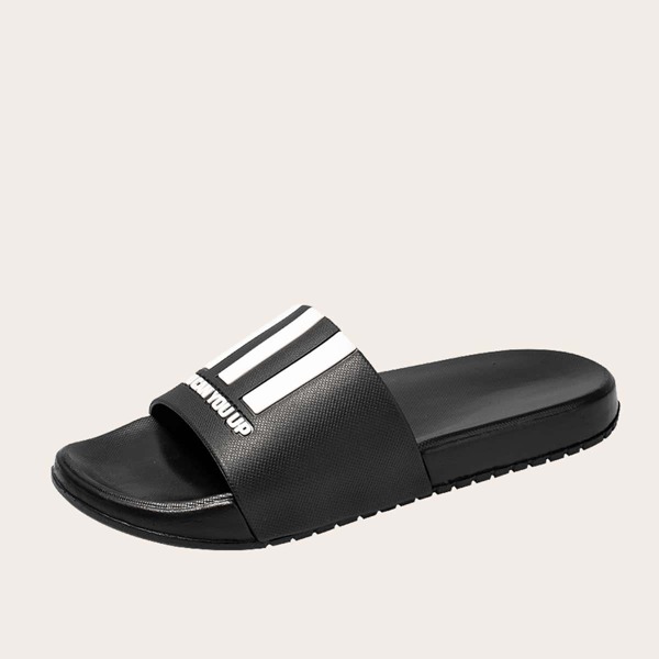 

Men Open Toe Striped Graphic Slides, Black