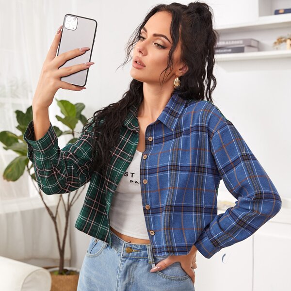 

Colorblock Tartan Button Front Crop Blouse, Multicolor