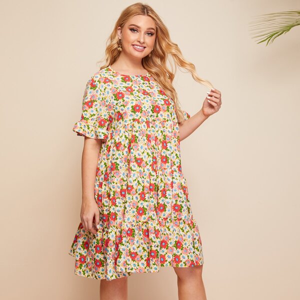 

Plus Daisy Floral Flounce Sleeve Babydoll Dress, Multicolor