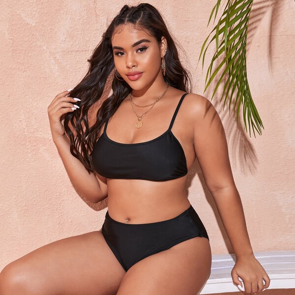 

Plus Tie Back High Waisted Bikini Swimsuit, Black