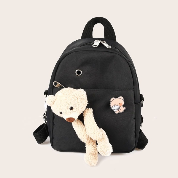 

Teddy Bear Decor Pocket Front Backpack, Black