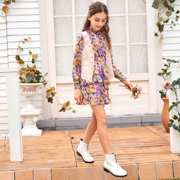 

Girls Scallop Edge Laser Cut Suede Vest, Pastel baby pink