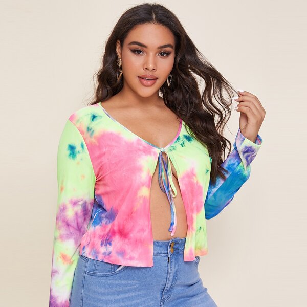 

Plus Tie Dye Print Tie Front Top, Multicolor