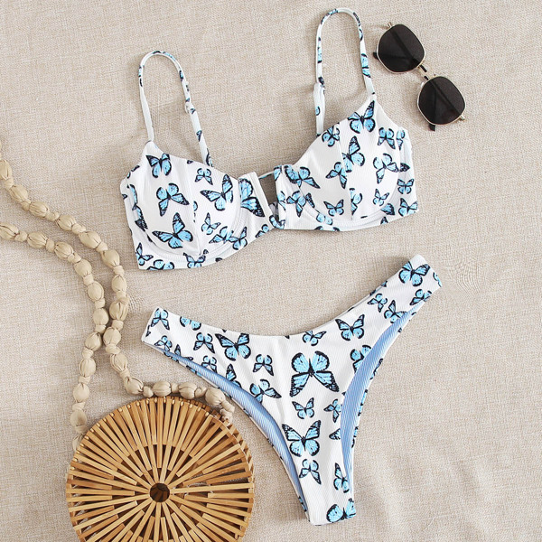 

Butterfly Print Rib V Wired Underwire Bikini Swimsuit, Multicolor