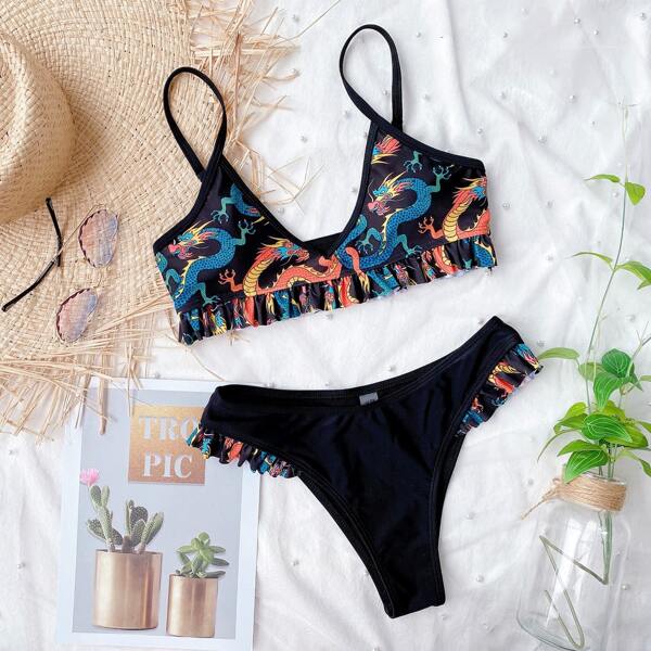 

Chinese Dragon Print Frill Trim Bikini Swimsuit, Multicolor