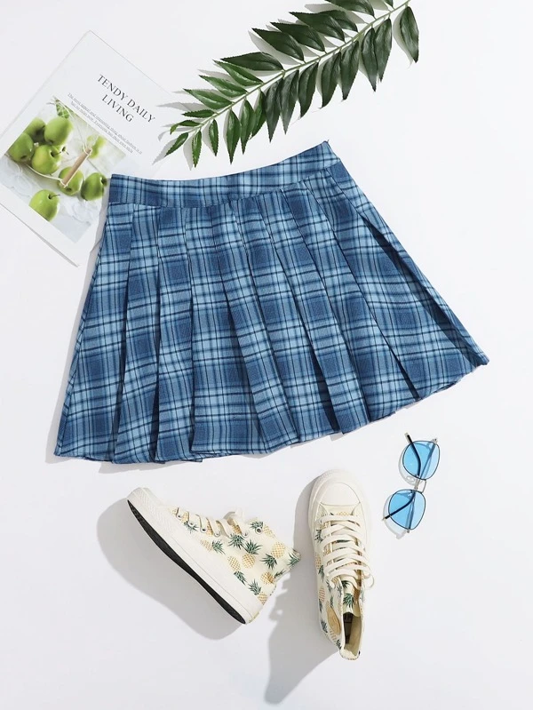 Plaid Print Pleated Mini Skirt Shein Usa