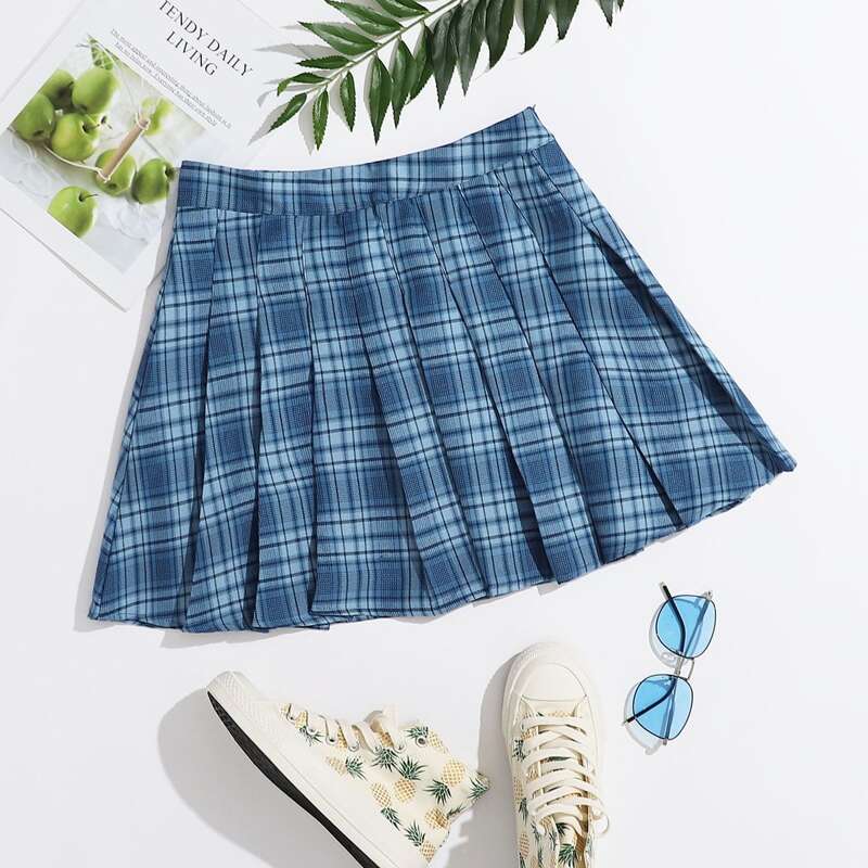 

Plaid Print Pleated Mini Skirt, Blue