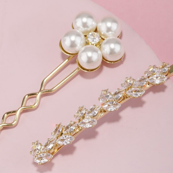 

2pcs Faux Pearl Decor Hair Clip, Gold