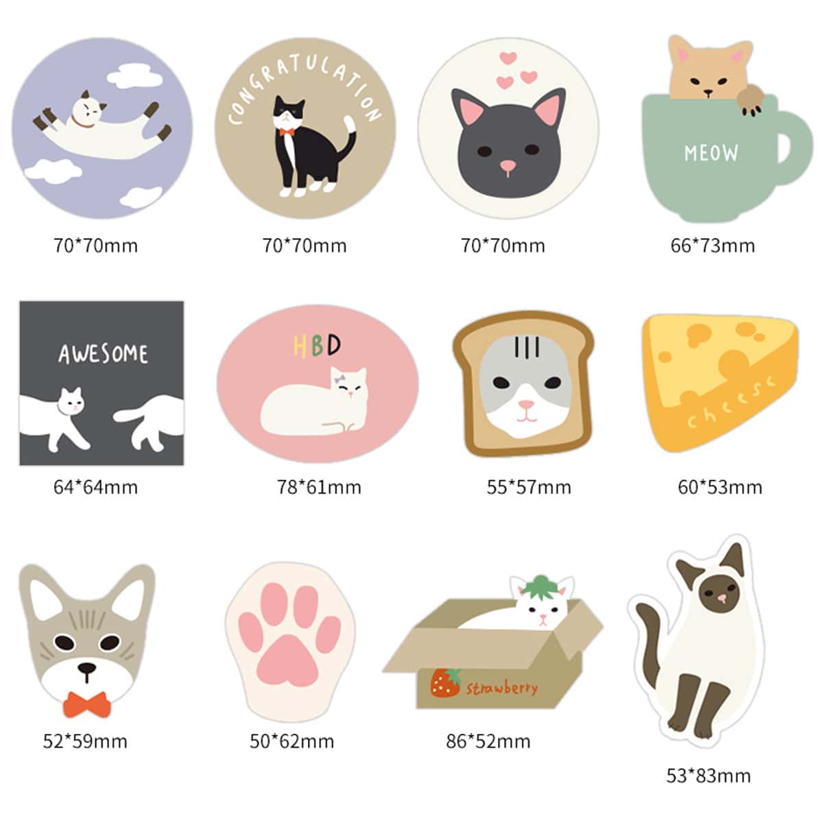 

12pcs Cartoon Cat Sticker, Multicolor