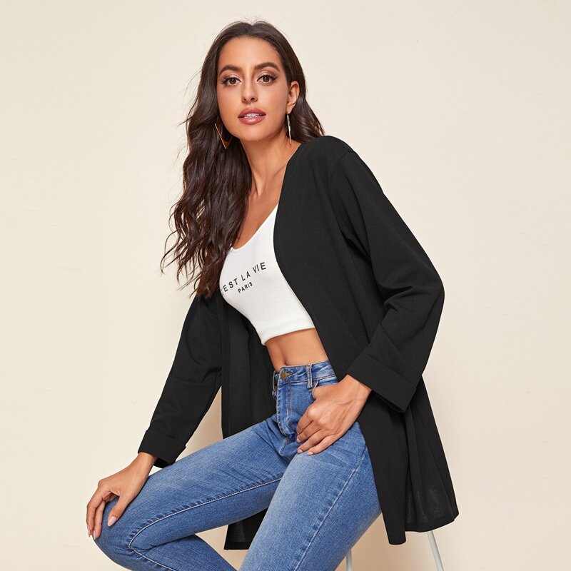 

Open Front Cuffed Sleeve Solid Coat, Black