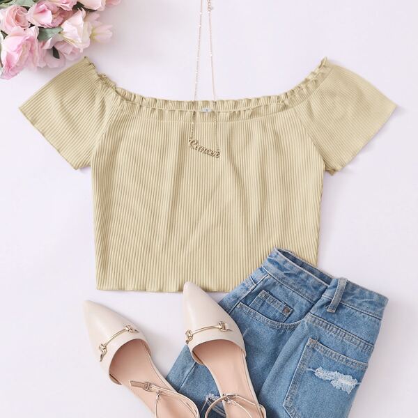 

Solid Frill Trim Crop Bardot Tee, Khaki