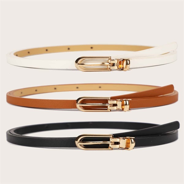 

3pcs Metal Buckle Skinny Belt, Multicolor