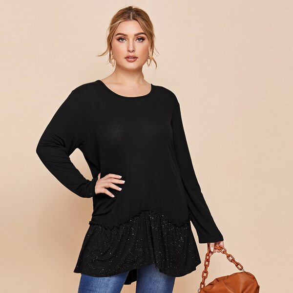 

Plus Solid Frill Detail Tee, Black