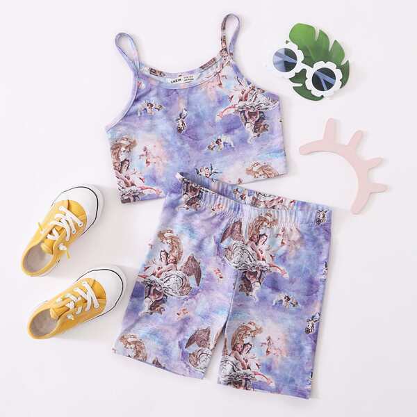 

Girls Angel Print Crop Cami Top & Biker Shorts Set, Multicolor