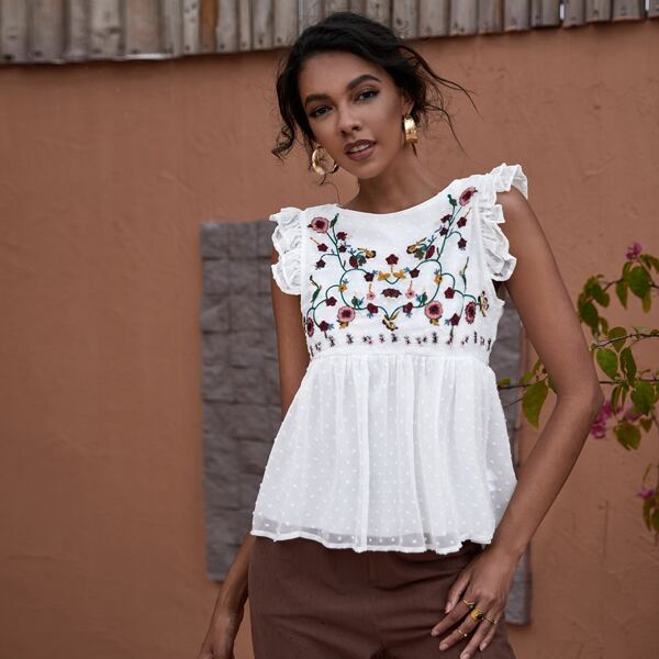 

Floral Embroidered Swiss Dot Blouse, White